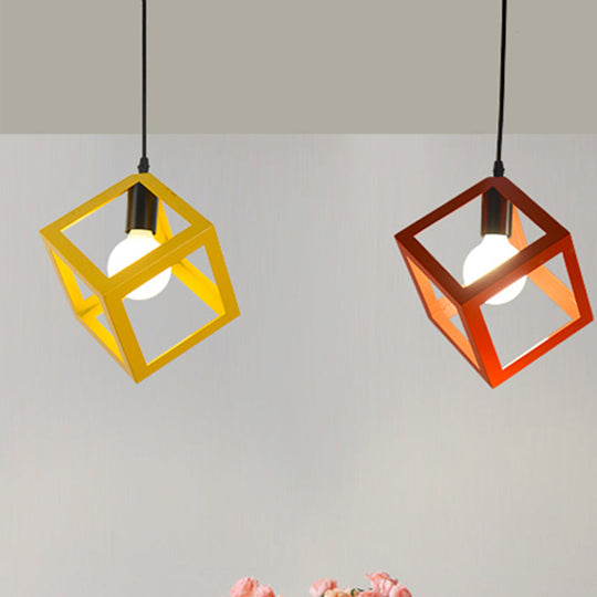 Loft Style 1-Light Hanging Lamp With Cubic Metal Cage Shade - Red/Blue/Green Pendant For Dining Room