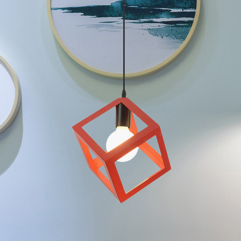 Loft Style 1-Light Hanging Lamp With Cubic Metal Cage Shade - Red/Blue/Green Pendant For Dining Room