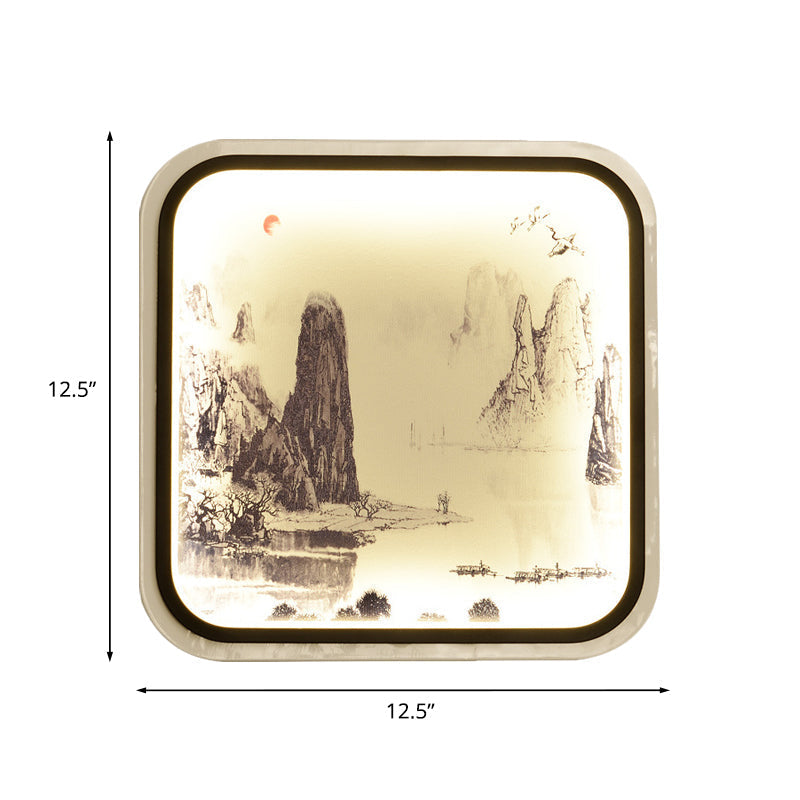 Chinese Style Mountain Patterned Square Mural Lamp With Led Flush Mount For Living Room In Grey/Blue