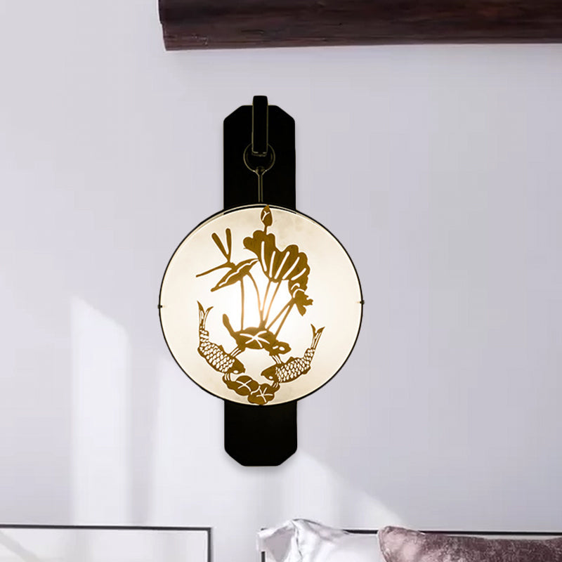 Chinese Fabric Bedroom Wall Lamp With Carp And Lotus Leaves Murals In Black-Gold