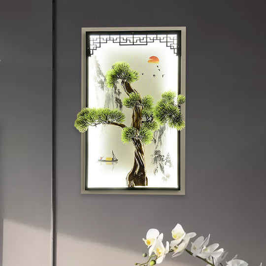 Chinese Landscape Pine Tree Iron Mural Sconce Light With Led Flush Mount - Green Decor