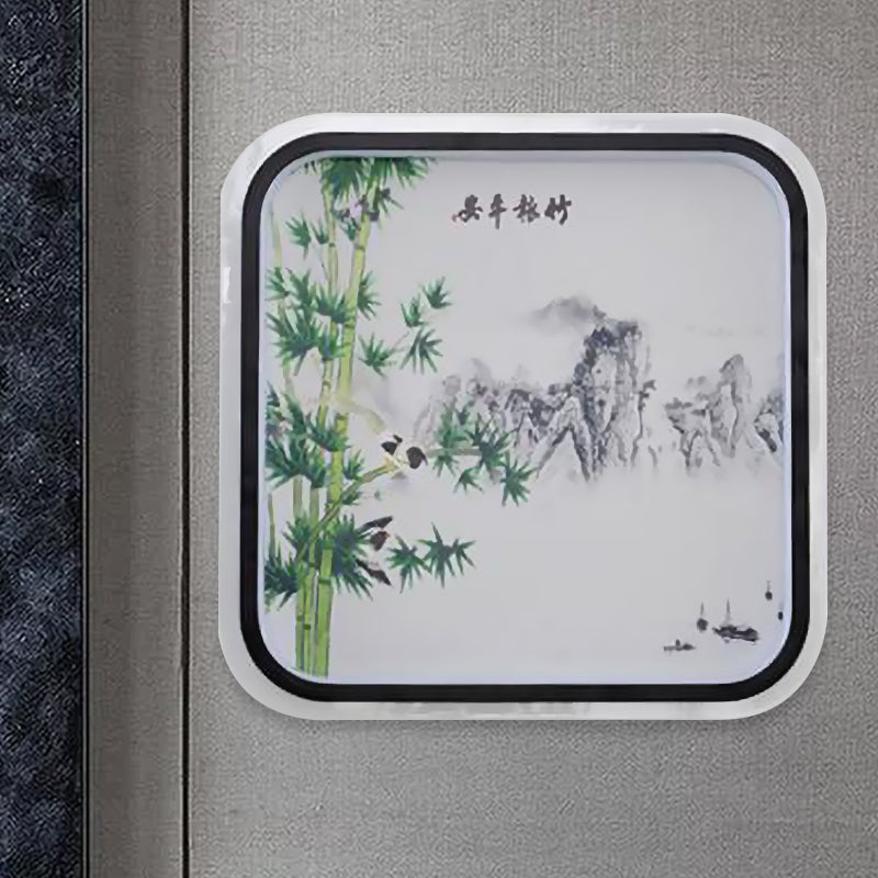 Chinese Led Flush Mount Wall Light With Black Leaf/Flower Painting And Fabric Shade / Leaf