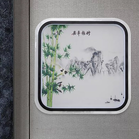 Chinese Led Flush Mount Wall Light With Black Leaf/Flower Painting And Fabric Shade / Leaf