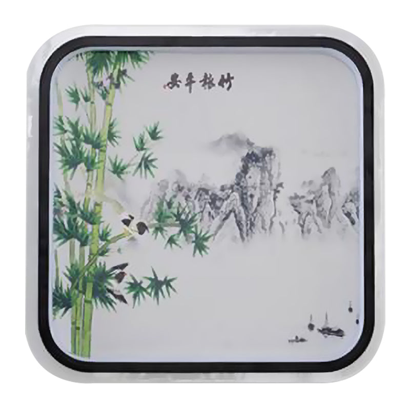 Chinese Led Flush Mount Wall Light With Black Leaf/Flower Painting And Fabric Shade