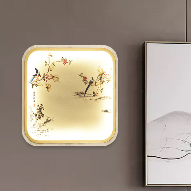 Chinese Led Flush Mount Wall Light With Black Leaf/Flower Painting And Fabric Shade