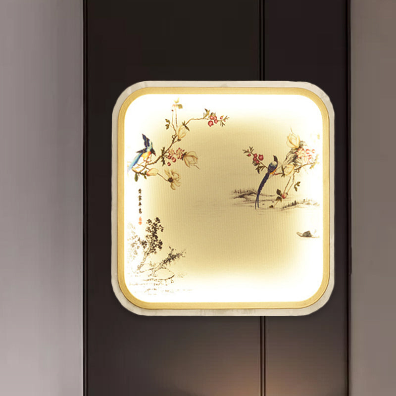 Chinese Led Flush Mount Wall Light With Black Leaf/Flower Painting And Fabric Shade