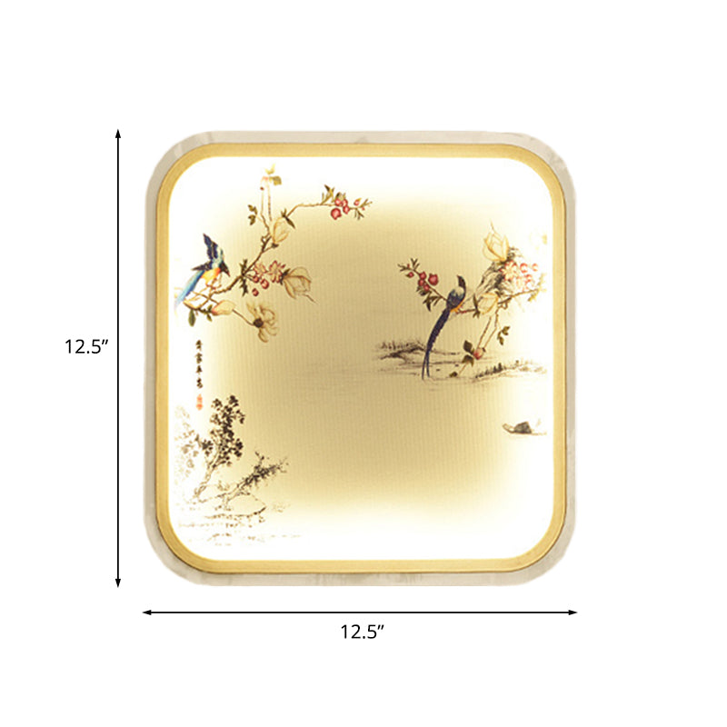 Chinese Led Flush Mount Wall Light With Black Leaf/Flower Painting And Fabric Shade