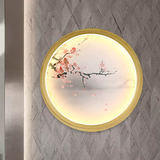 Hand-Painted Floral Mural Led Wall Sconce With Chinese Fabric Gold Frame - Perfect For Living Rooms