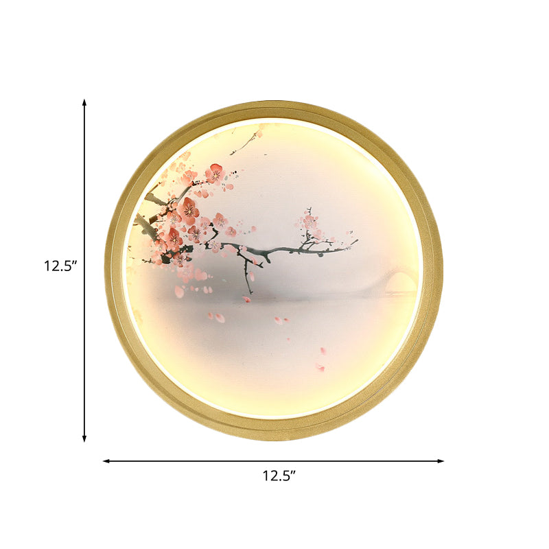 Hand-Painted Floral Mural Led Wall Sconce With Chinese Fabric Gold Frame - Perfect For Living Rooms