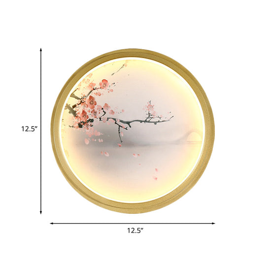 Hand-Painted Floral Mural Led Wall Sconce With Chinese Fabric Gold Frame - Perfect For Living Rooms