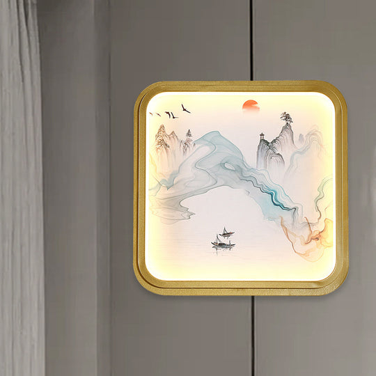 Hand-Painted Floral Mural Led Wall Sconce With Chinese Fabric Gold Frame - Perfect For Living Rooms