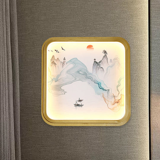 Hand-Painted Floral Mural Led Wall Sconce With Chinese Fabric Gold Frame - Perfect For Living Rooms