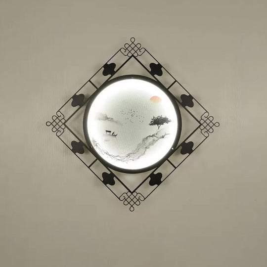 Led Wall Lights For Living Room With Black Chinese Mount And Rhombus Frame