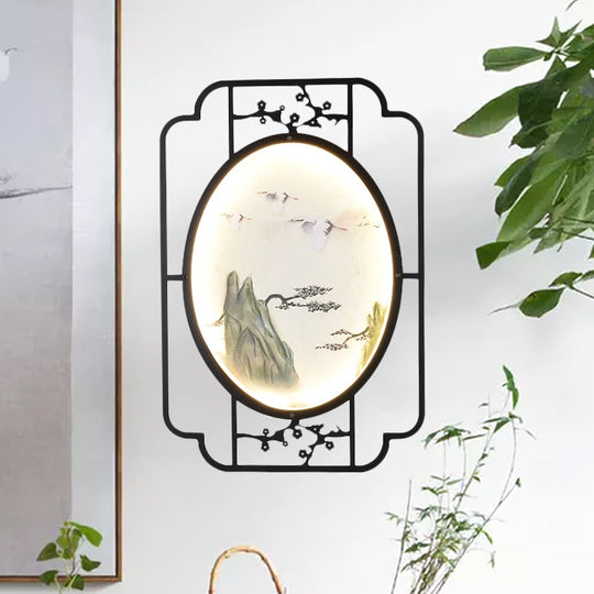 Black Fabric Halcyon Led Sconce Light With Asian-Inspired Frame