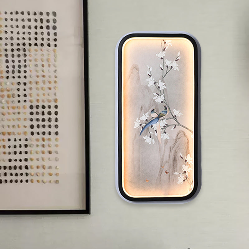 Chinese Bird And Flower Fabric Mural Lamp: Led Wall Mounted Lighting Black & White