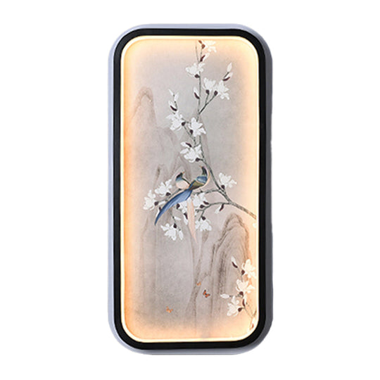 Chinese Bird And Flower Fabric Mural Lamp: Led Wall Mounted Lighting Black & White