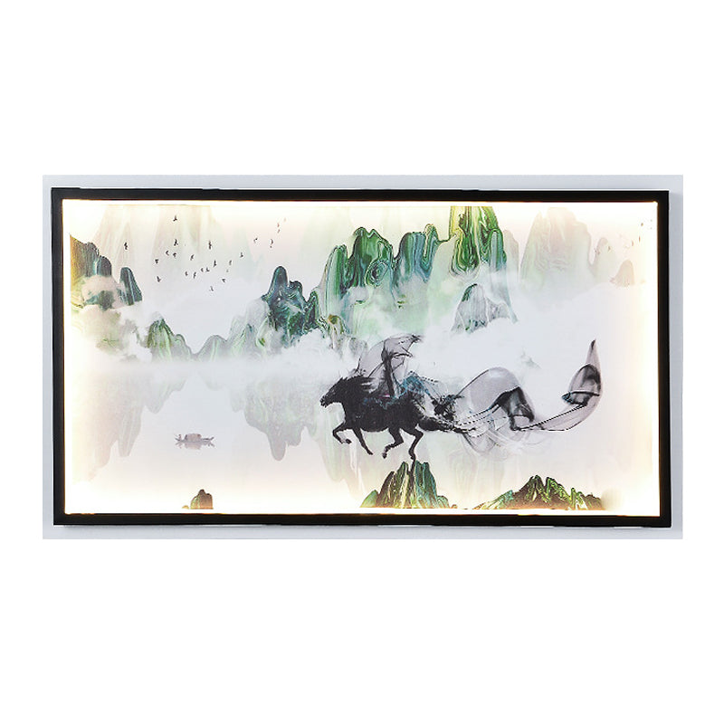 Chinese Steed And Landscape Mural Led Wall Lamp In Black - Fabric Parlor Lighting