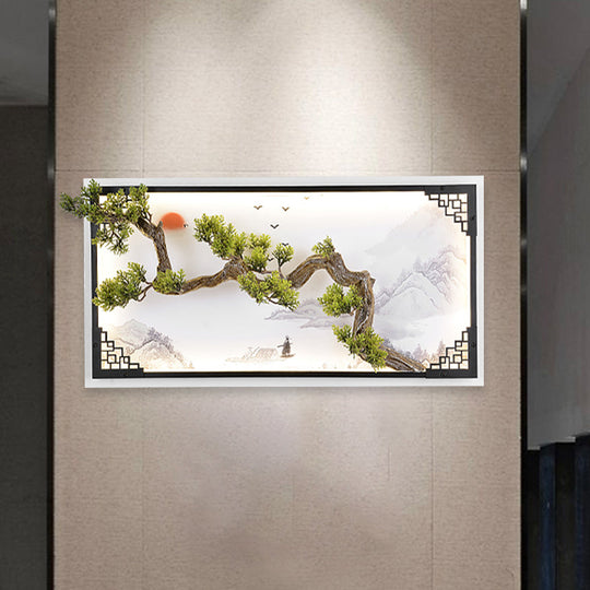 Led Pine Branch Wall Lamp - Iron Asian Living Room Sconce Lighting In White-Green
