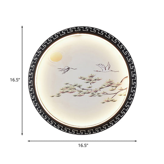 Black Bird And Tree Branch Led Wall Mount Light Fixture - Asian Style With Fabric Shade