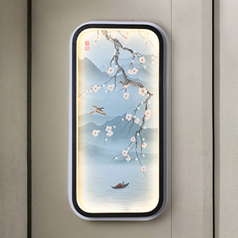 Plum Blossom Led Wall Sconce Lighting In Blue: Asian-Inspired Light Fabric For Living Room Mural