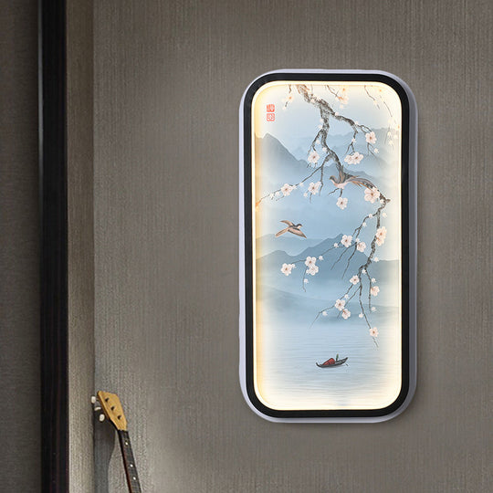 Plum Blossom Led Wall Sconce Lighting In Blue: Asian-Inspired Light Fabric For Living Room Mural