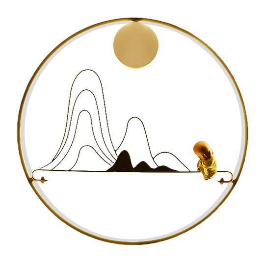 Chinese Style Fabric Gold Led Sconce Light - Mountain And Monk Mural Wall Lamp