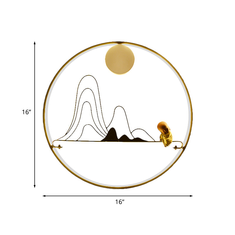 Chinese Style Fabric Gold Led Sconce Light - Mountain And Monk Mural Wall Lamp