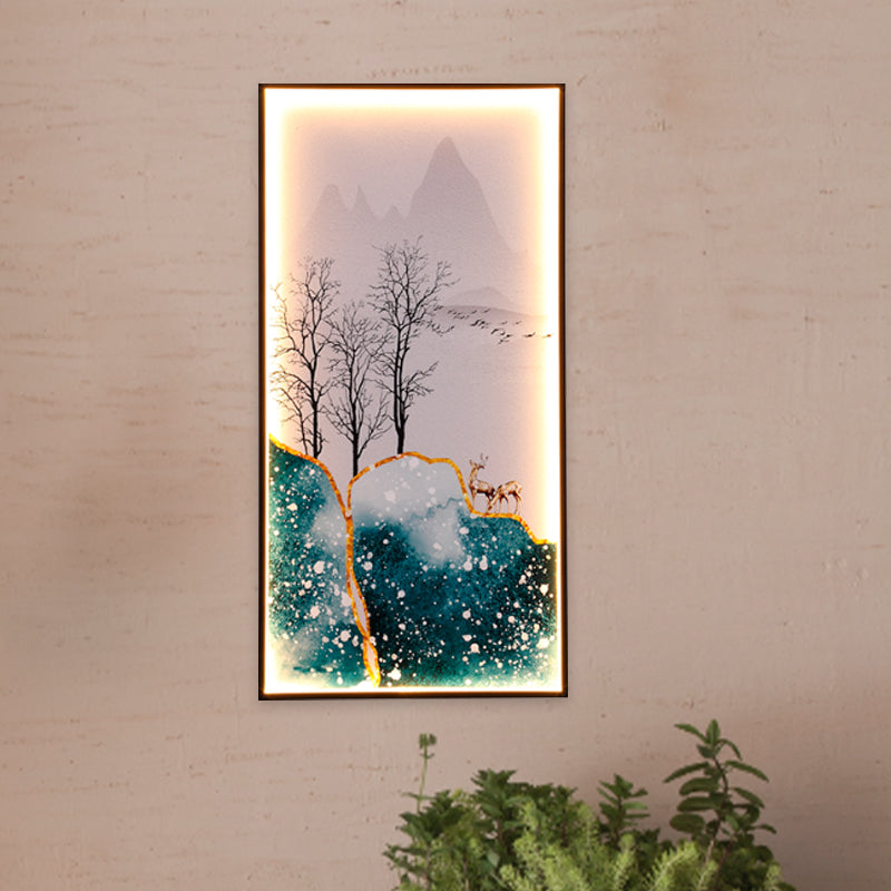 Light Asia Fabric Tearoom Rectangular Wall Mural Led Sconce With Fish/Elk Pattern Blue / Elk