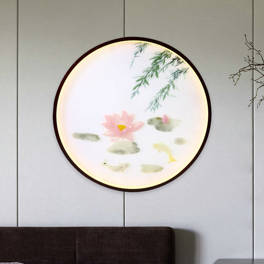 Asian Inspired Pink Lotus Mural Led Flush Mount Wall Sconce: Acrylic Integrated Lighting Solution