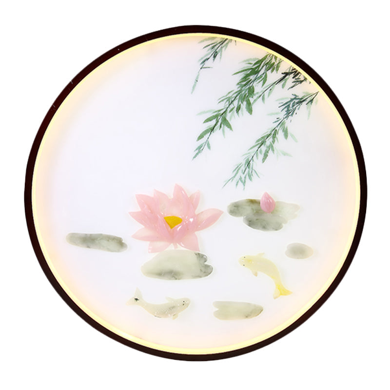 Asian Inspired Pink Lotus Mural Led Flush Mount Wall Sconce: Acrylic Integrated Lighting Solution