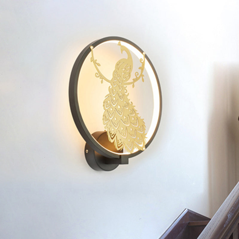 Modern Peacock Mural Wall Light: Black And Gold Aluminum Led Sconce For Living Room