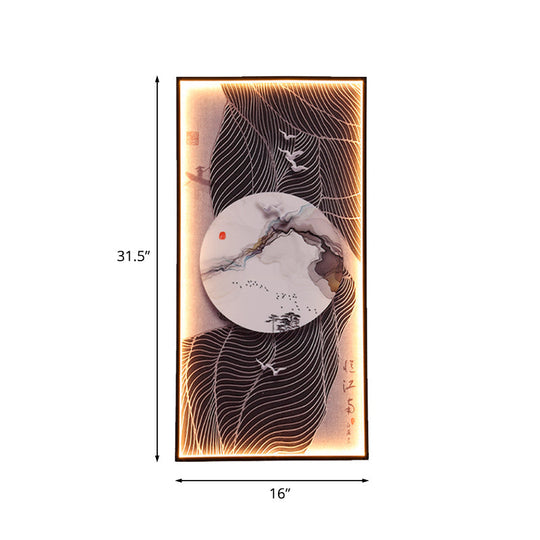 Chinese Style Led Wall Lamp - Fabric Script/Landscapes Mural Lighting Black