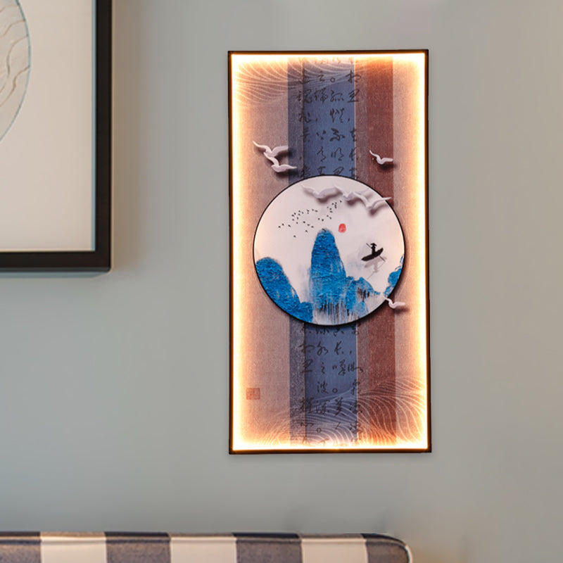 Chinese Style Led Wall Lamp - Fabric Script/Landscapes Mural Lighting Black / B