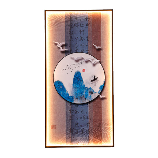 Chinese Style Led Wall Lamp - Fabric Script/Landscapes Mural Lighting Black