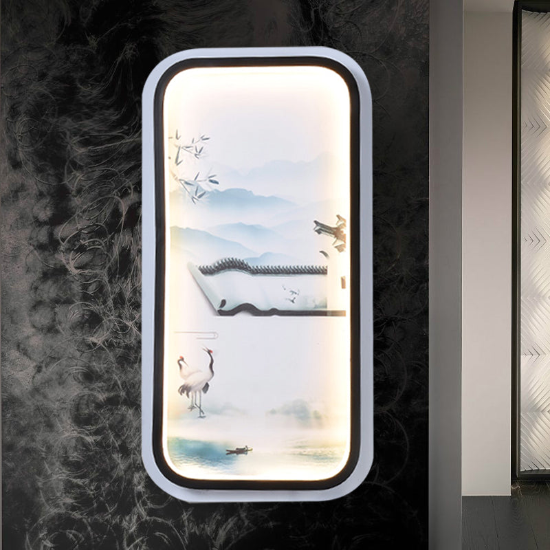 Led Asian Black-White Mural Wall Light Fixture With Landscape Painting Fabric Shade For Parlor