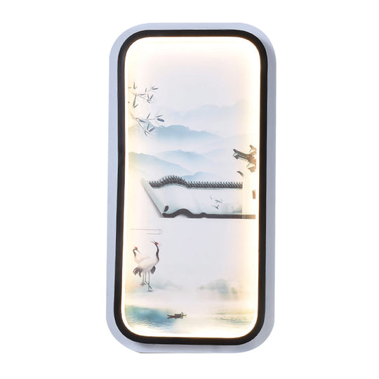 Led Asian Black-White Mural Wall Light Fixture With Landscape Painting Fabric Shade For Parlor