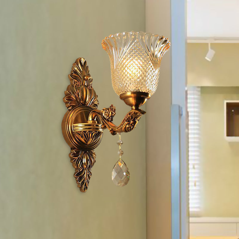 Traditional Brass Lattice Glass Bell Wall Light Sconce For Living Room Lighting