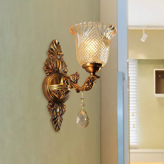 Traditional Brass Lattice Glass Bell Wall Light Sconce For Living Room Lighting