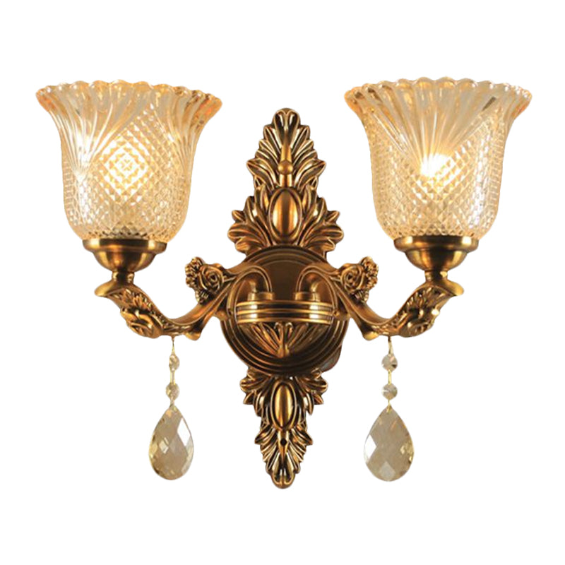 Traditional Brass Lattice Glass Bell Wall Light Sconce For Living Room Lighting
