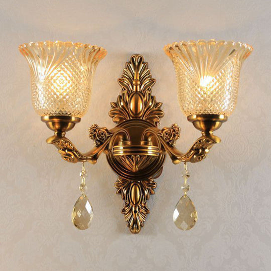 Traditional Brass Lattice Glass Bell Wall Light Sconce For Living Room Lighting