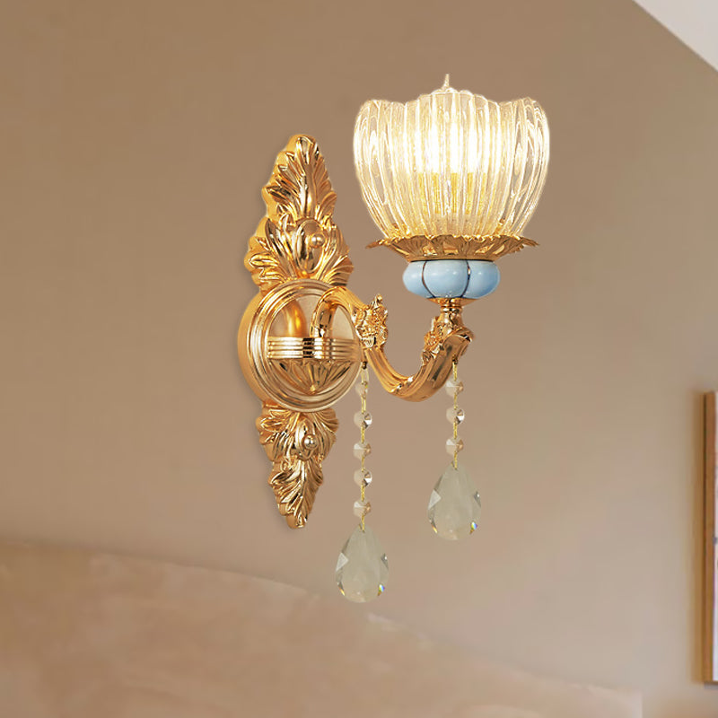 Gold Flower Ribbed Glass Wall Lamp - Retro Bedroom Mount Light Fixture