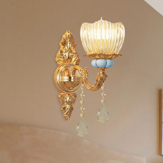 Gold Flower Ribbed Glass Wall Lamp - Retro Bedroom Mount Light Fixture