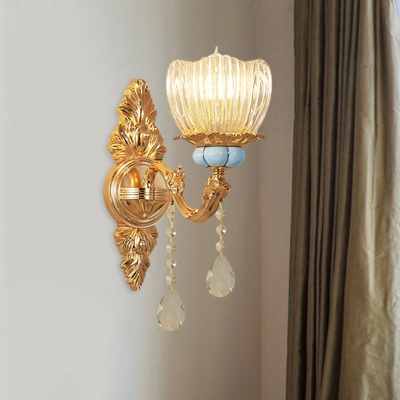 Gold Flower Ribbed Glass Wall Lamp - Retro Bedroom Mount Light Fixture