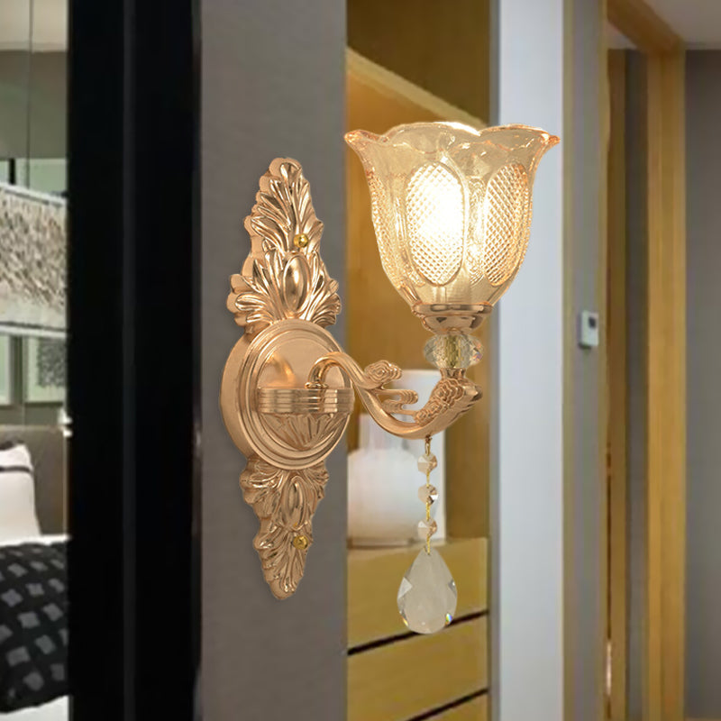 Gold Countryside Carved Glass Wall Sconce Light Fixture - 1/2-Light Scalloped Design