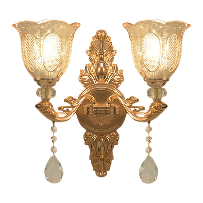Gold Countryside Carved Glass Wall Sconce Light Fixture - 1/2-Light Scalloped Design