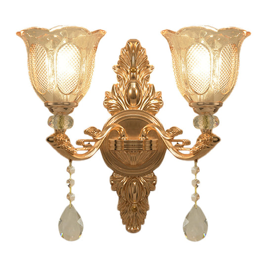 Gold Countryside Carved Glass Wall Sconce Light Fixture - 1/2-Light Scalloped Design
