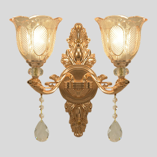 Gold Countryside Carved Glass Wall Sconce Light Fixture - 1/2-Light Scalloped Design