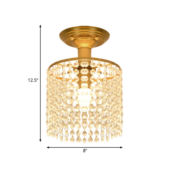 Crystal Strand Semi Flush 1-Light Gold Lamp - Simple Cylindrical Design For Close To Ceiling