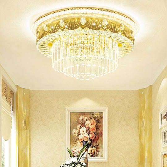 Gold Tiered Drum Bedroom Flushmount Light With Clear Crystal Rectangle Led - Contemporary Flush
