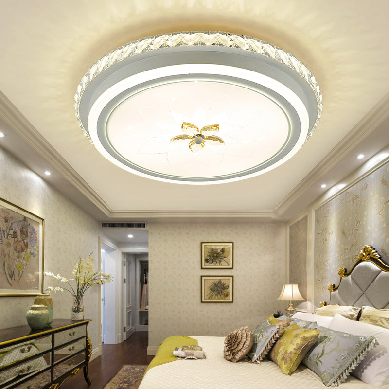 Simplicity Led Metal Flush Lighting With Flower Crystal Decor White Finish Round Ceiling Mounted